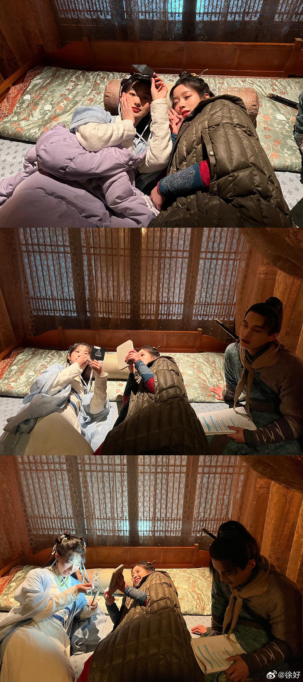 Yang Yutong (Zhao Ling'er) and Xu Hao (Lin Yueru) lying down on a bed. The ladies are applying some make-up, while He Yu is looking at his script.